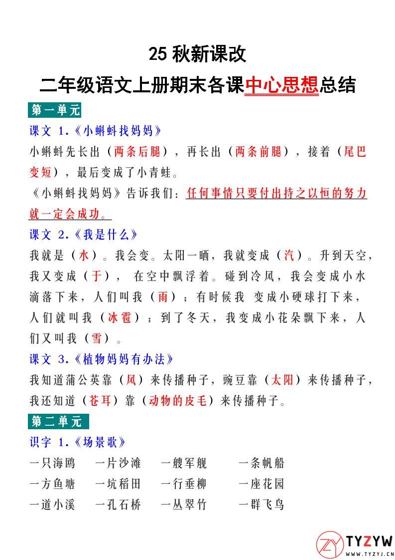 【2025秋新版】二年级语文上册期末各课中心思想总结-天云资源网