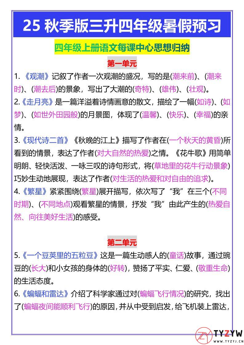 【2025秋新版】四年级上册语文每课中心思想归纳-天云资源网