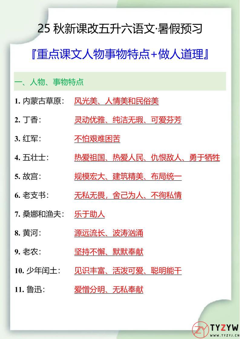 【2025秋新版】五升六重点课文人物事物特点+做人道理-六上语文-天云资源网