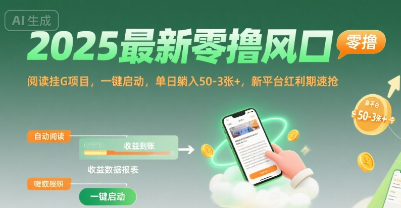 2025最新零撸风口，阅读挂G项目，一键启动，单日躺入 50-3张+，新平台红利期速抢【揭秘】-天云资源网