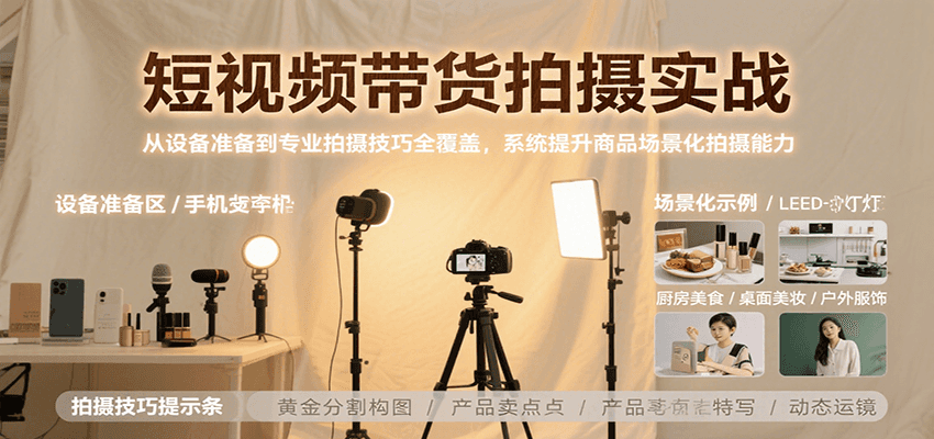 短视频带货拍摄实战，从设备准备到专业拍摄技巧全覆盖，系统提升商品场景化拍摄能力-天云资源网