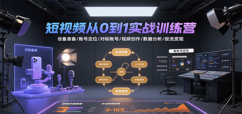 短视频从0到1实战训练营：设备准备/账号定位/对标账号/视频创作/数据分析/投流变现-天云资源网