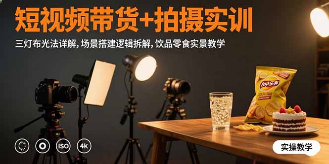 短视频带货+拍摄实训：三灯布光法详解,场景搭建逻辑拆解,饮品零食实景教学-天云资源网