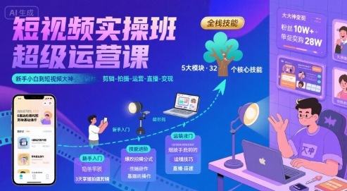 短视频实操班超级运营课，新手小白到短视频大神必修课程，剪辑-拍摄-运营-直播-变现-天云资源网