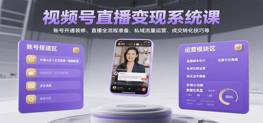 视频号直播变现系统课，账号开通装修、直播全流程准备、私域流量运营、成交转化技巧等-天云资源网