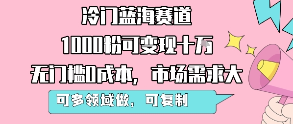 冷门蓝海赛道，1000粉可变现十W，无门槛0成本，市场需求大，可多领域做，可复制性强-天云资源网