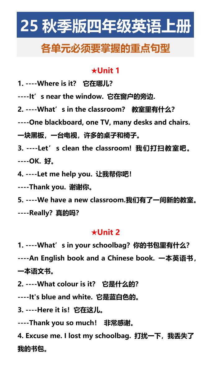 【2025秋新版】四年级英语上册各单元必须要掌握的重点句型-天云资源网