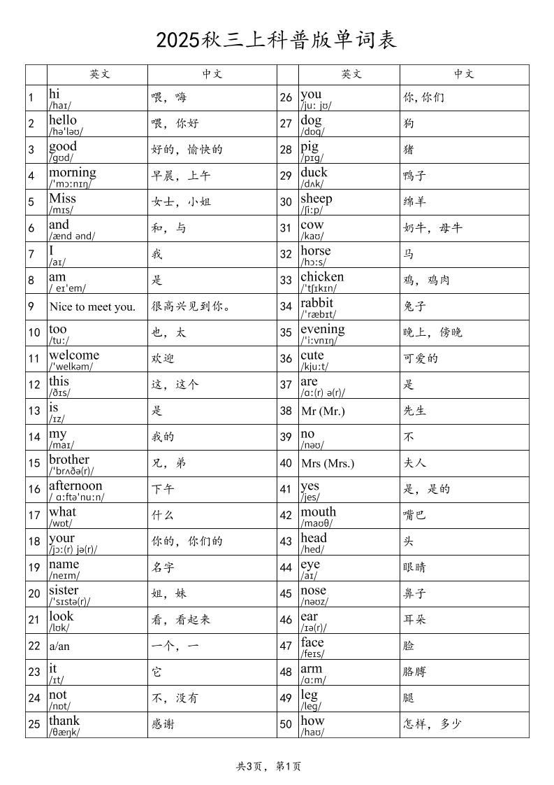 2025秋三上英语科普版单词表-天云资源网