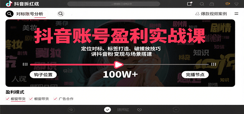 抖音账号盈利实战课，定位对标、标签打造、破播放技巧，讲涨粉变现与场景搭建-天云资源网