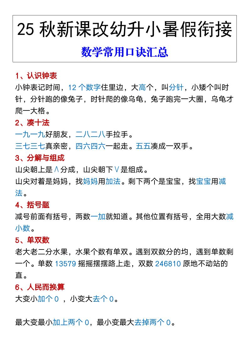 【2025秋新版】幼升小暑假衔接数学常用口诀汇总-一上数学-天云资源网