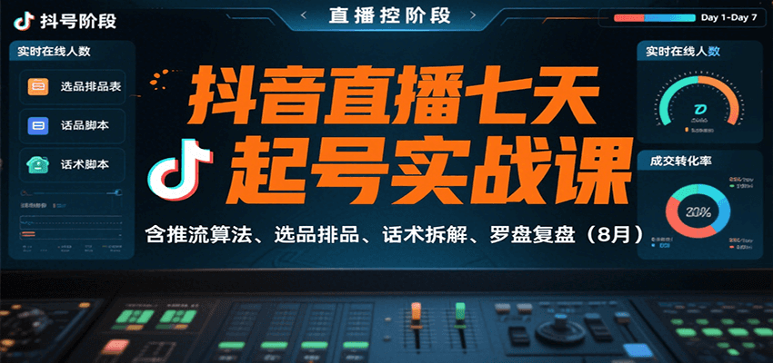 抖音直播七天起号实战课：含推流算法、选品排品、话术拆解、罗盘复盘(8月)-天云资源网