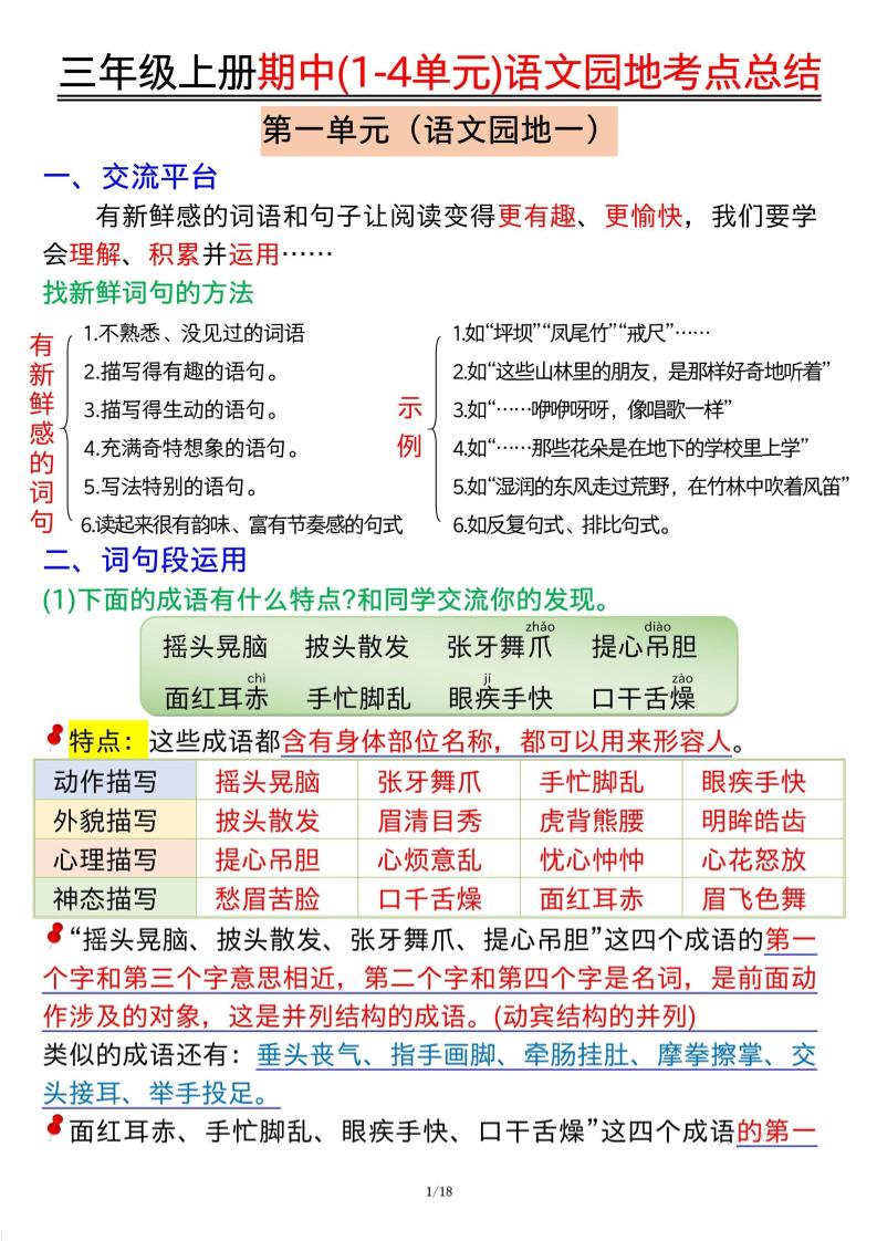 三年级上册期中(1-4单元)语文园地考点总结纯图版-天云资源网