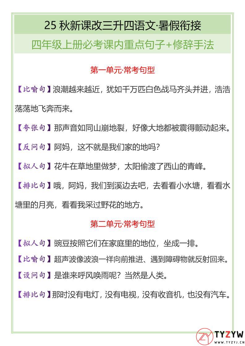 【2025秋新版】四年级上册语文必考课内重点句子+修辞手法-天云资源网