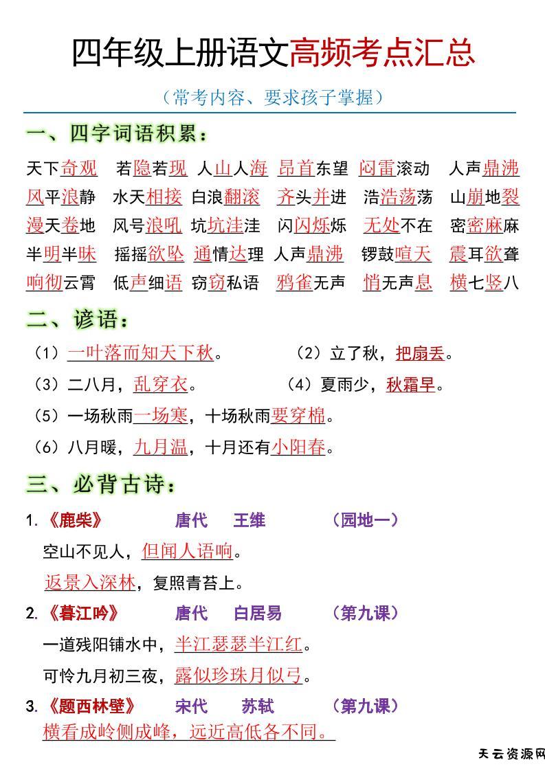 全册高频考点归类（节选）】四上语文-天云资源网