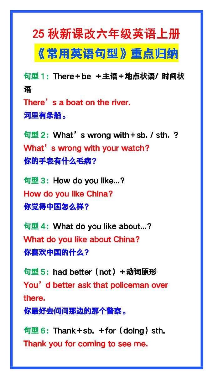 【2025秋新版】六年级英语上册《常用英语句型》重点归纳，提分必备!-天云资源网