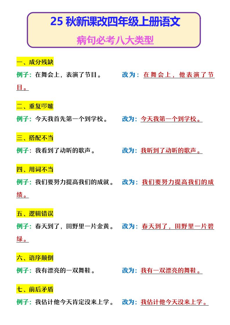 【2025秋新版】四年级上册语文病句必考八大类型-天云资源网