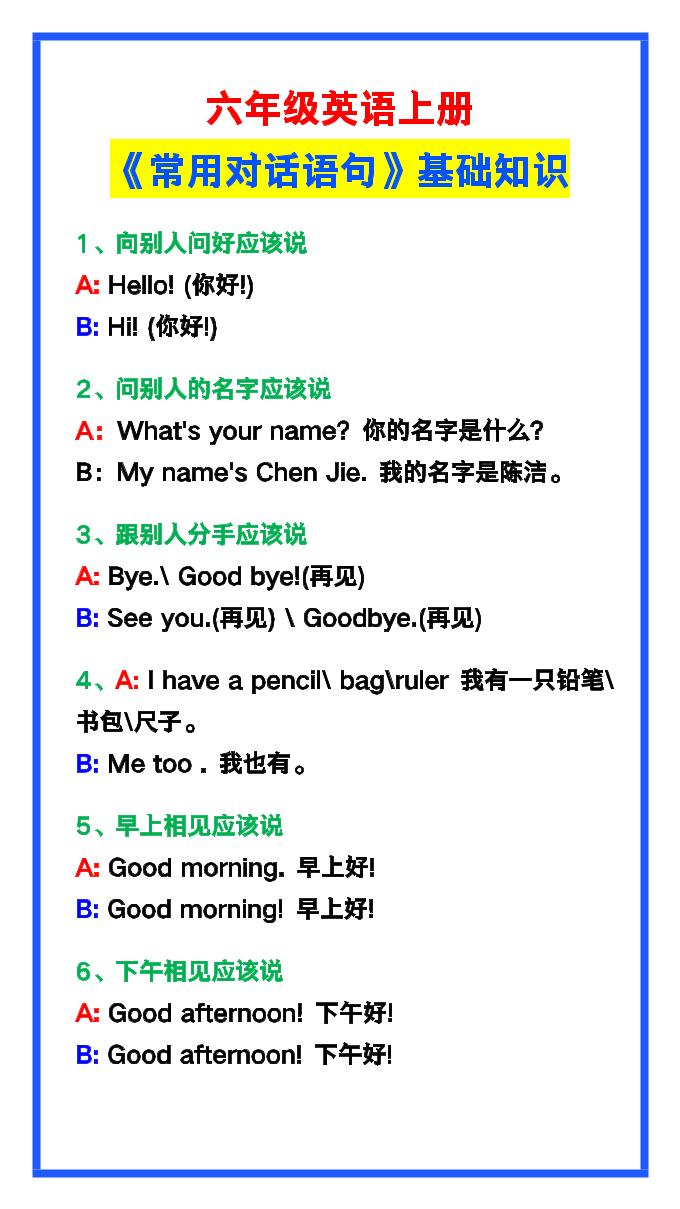 【2025秋新版】六年级英语上册《常用对话语句》-天云资源网