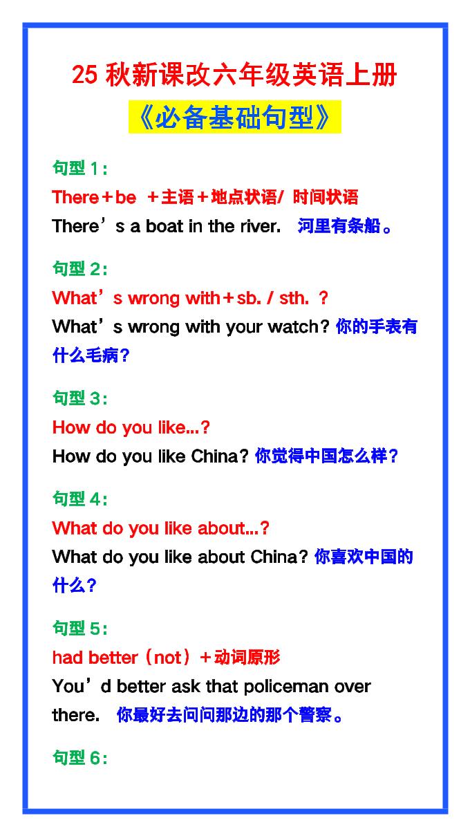 【2025秋新版】六年级英语上册《必备基础句型》，最全整理！-天云资源网