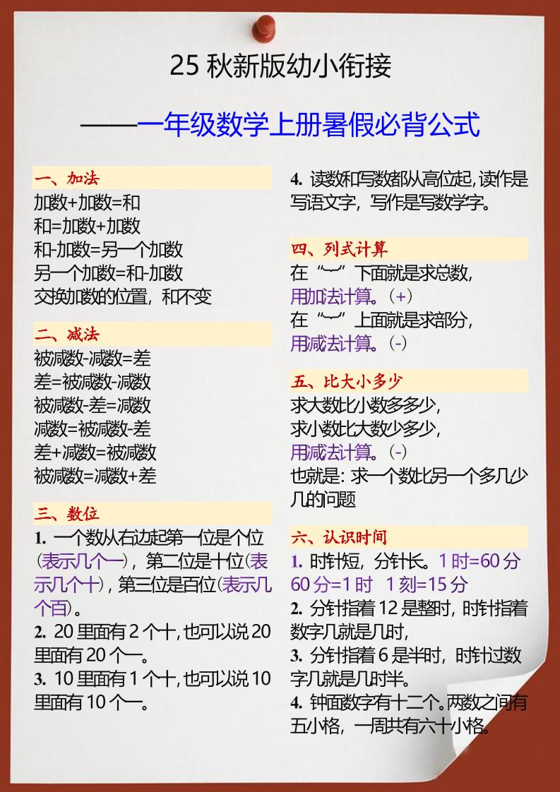 【2025秋新版】幼小衔接一年级数学上册暑假必背公式-天云资源网