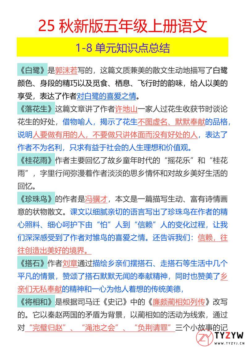 【2025秋新版】五年级上册语文1-8单元知识点总结-天云资源网