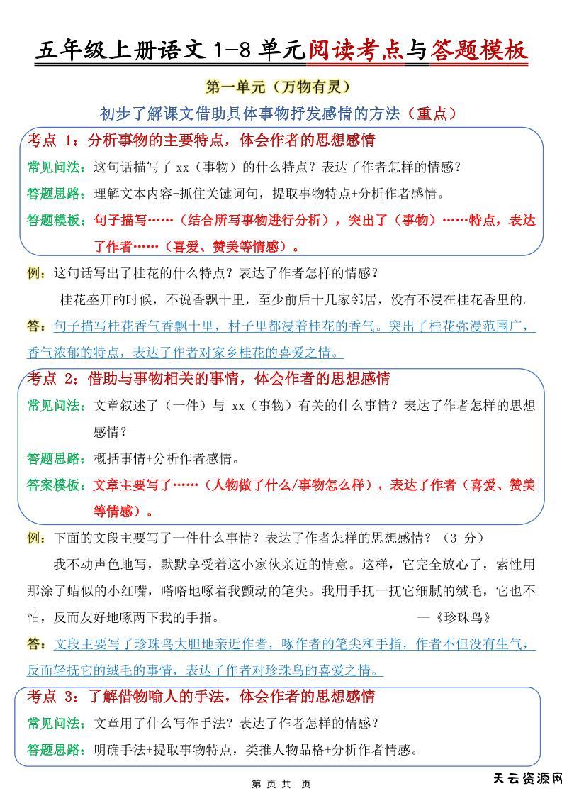 五上语文1-8单元阅读考点与答题模板-天云资源网