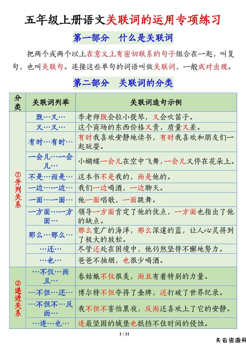 五上语文关联词语的运用专项练习（11页）-天云资源网