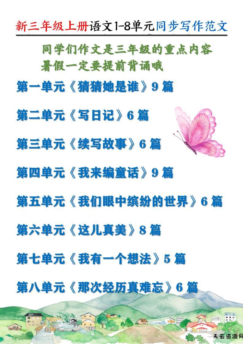 新三上语文1-8单元同步写作范文55篇（56页）-天云资源网