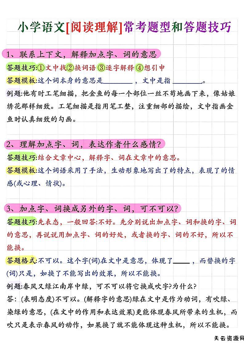 小学阅读理解常考题型答题技巧-小升初语文-天云资源网