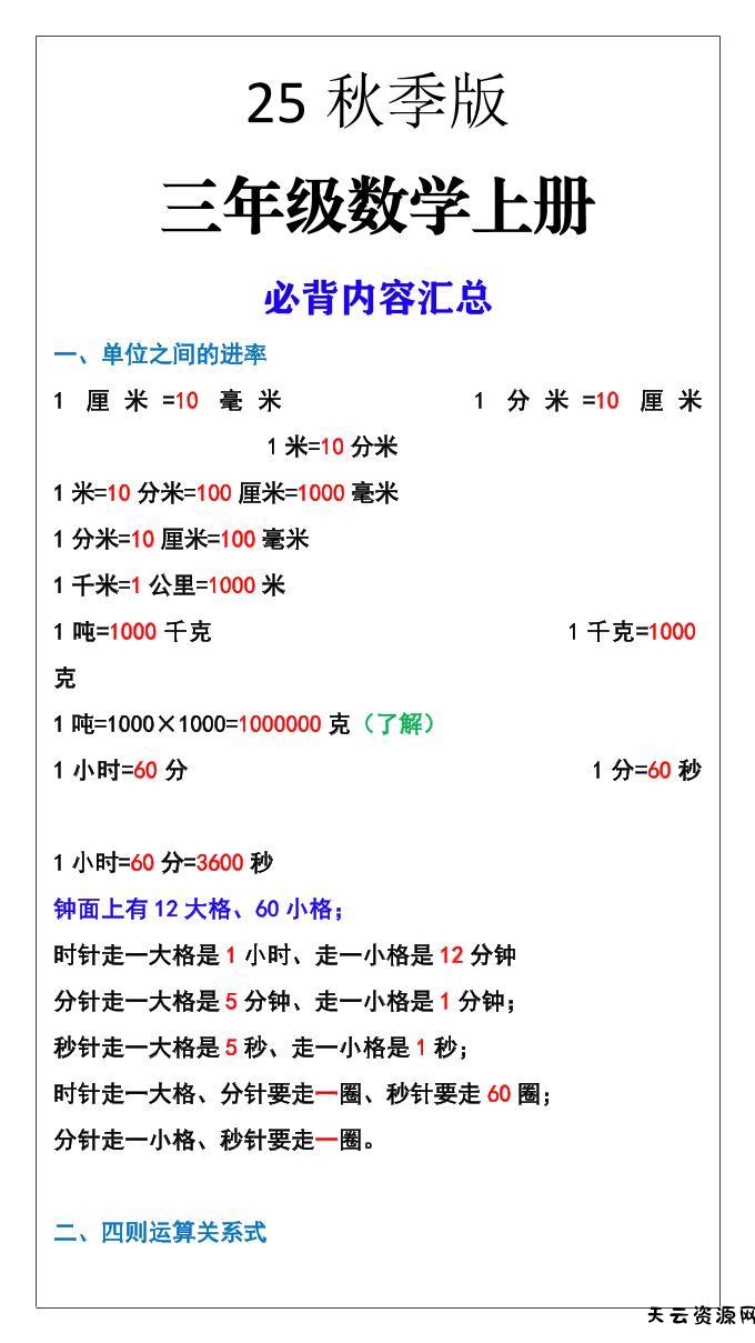 【2025秋新版】三年级数学上册必背内容汇总-天云资源网