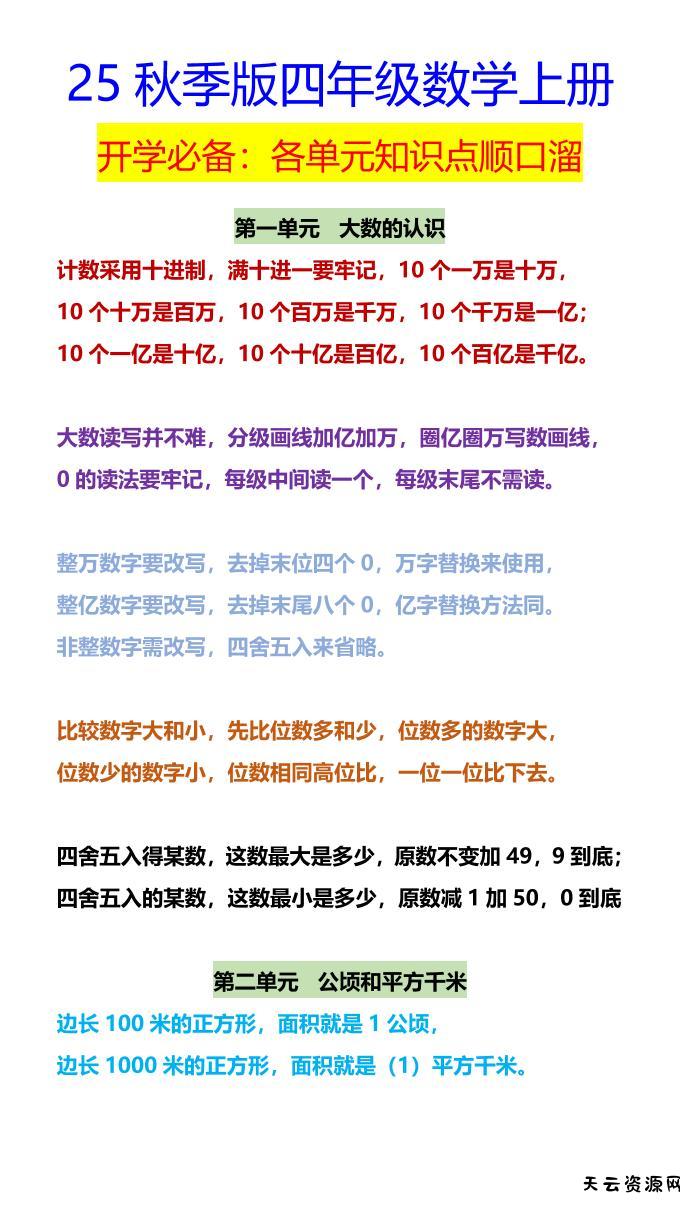 【2025秋新版】四年级数学上册开学必备：各单元知识点顺口溜-天云资源网