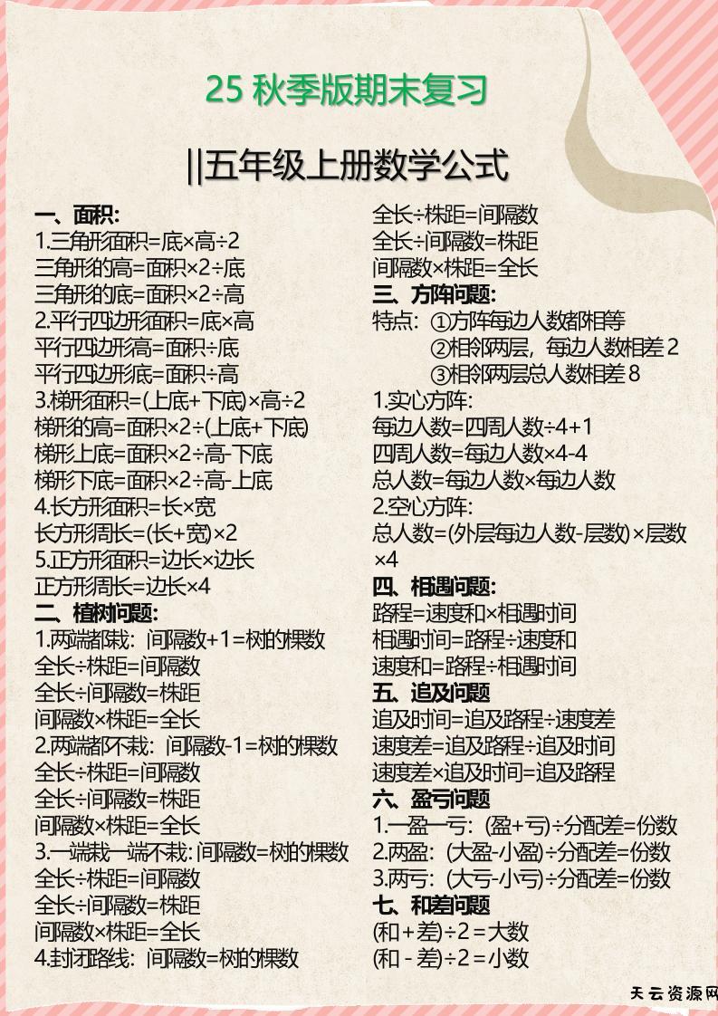 【2025秋新版】五年级上册必备数学公式-天云资源网