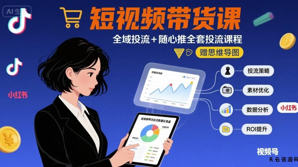 最新短视频带货课，全域投流+随心推全套投流课程+思维导图-天云资源网