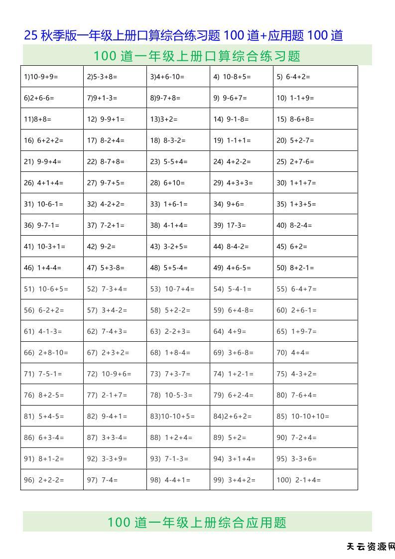 【2025秋新版】一年级上册口算综合练习题100道+应用题100道-一上数学-天云资源网