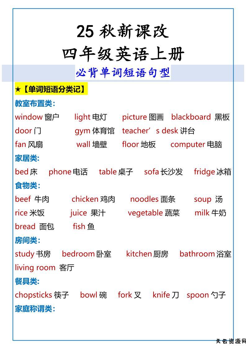 【2025秋新版】四年级英语上册必背单词短语句型-天云资源网