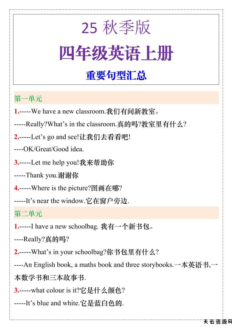 【2025秋新版】四年级英语上册重要句型汇总-天云资源网
