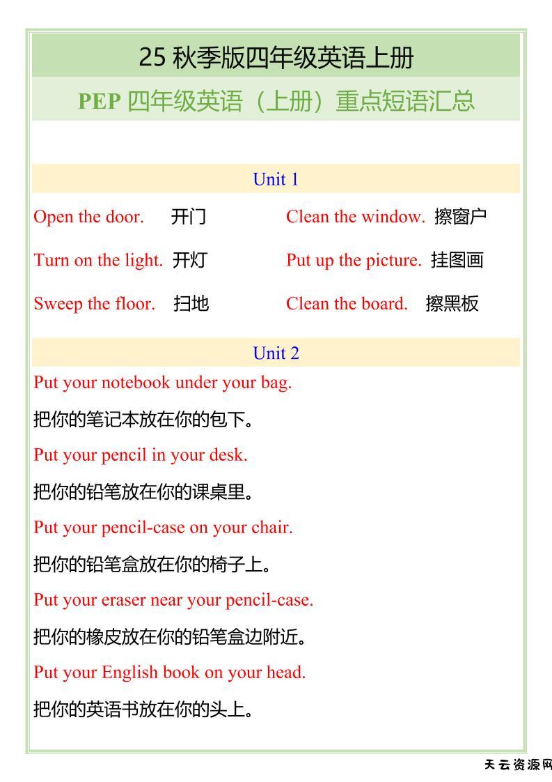 【2025秋新版】四年级英语（上册）重点短语汇总-天云资源网
