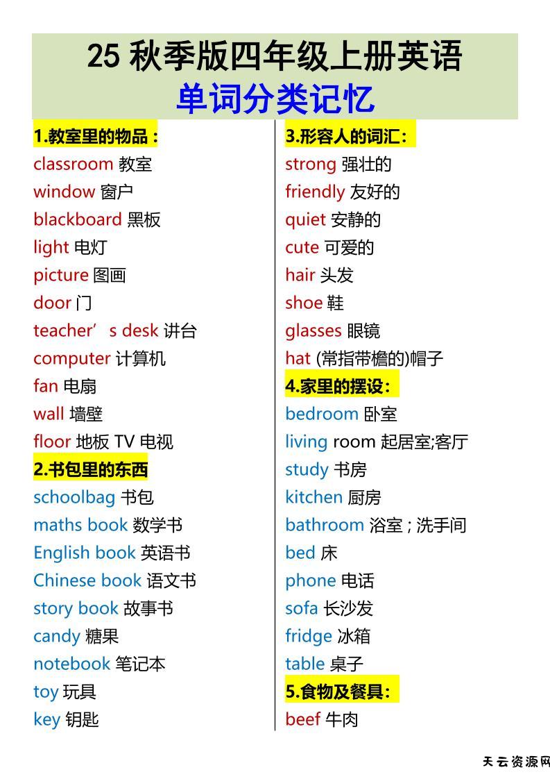 【2025秋新版】四年级上册英语•单词分类记忆-天云资源网