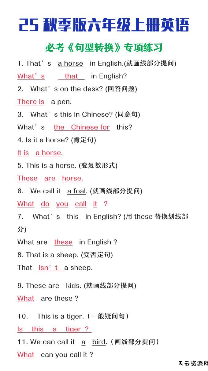 【2025秋新版】六年级上册英语必考句型转换-天云资源网