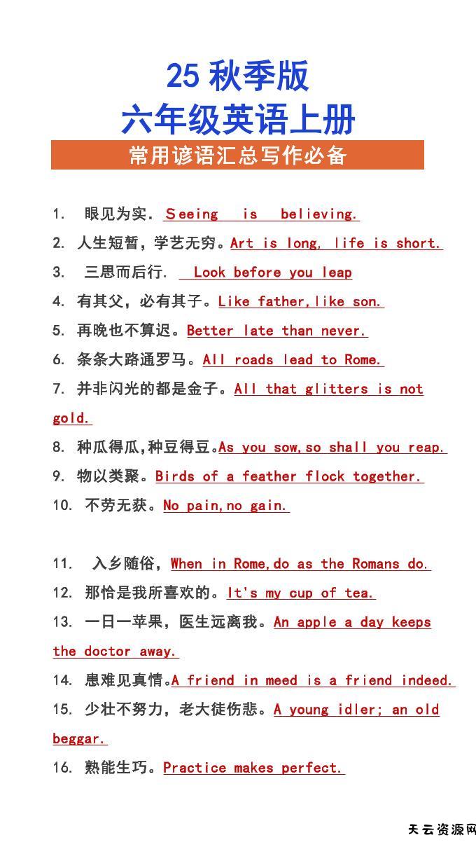 【2025秋新版】六年级上册英语常用谚语汇总写作必备-天云资源网