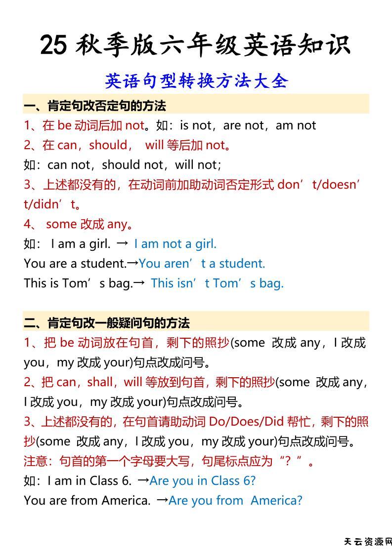 【2025秋新版】六年级上册英语英语句型转换方法大全-天云资源网