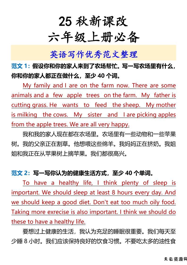 【2025秋新版】六年级上册必备英语写作优秀范文整理-天云资源网