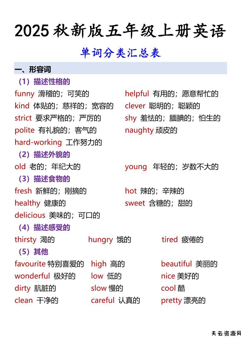 【2025秋新版】五年级上册英语单词分类汇总表-天云资源网
