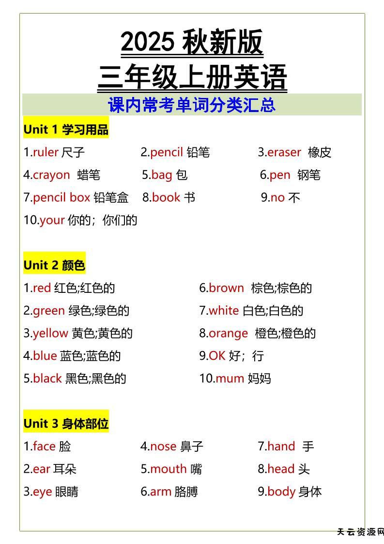 【2025秋新版】三年级上册英语课内常考单词分类汇总-天云资源网