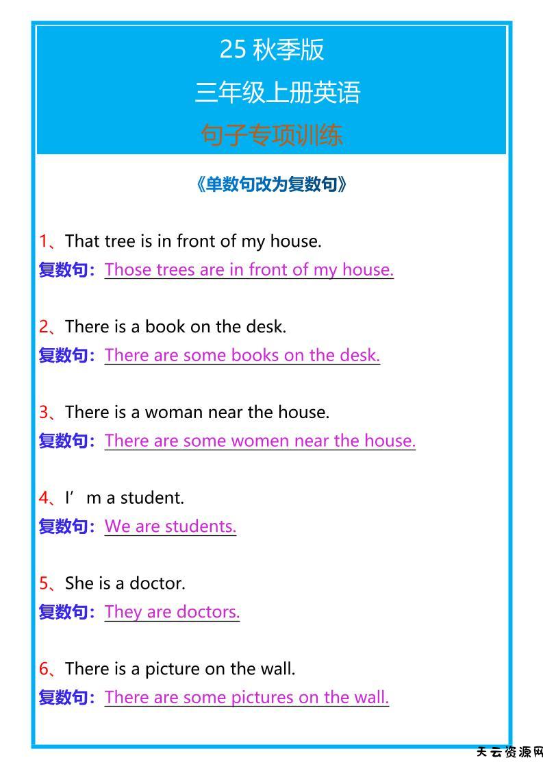 【2025秋新版】三年级上册英语句子专项训练-天云资源网