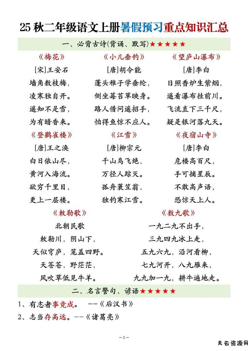 25秋二上语文暑假预习重点知识汇总20页-天云资源网