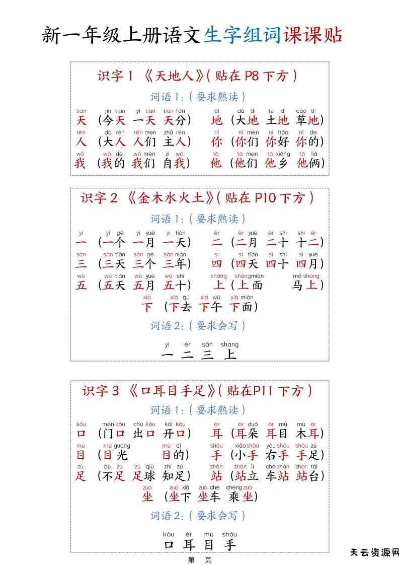 新一上语文生字组词课课贴15页-天云资源网
