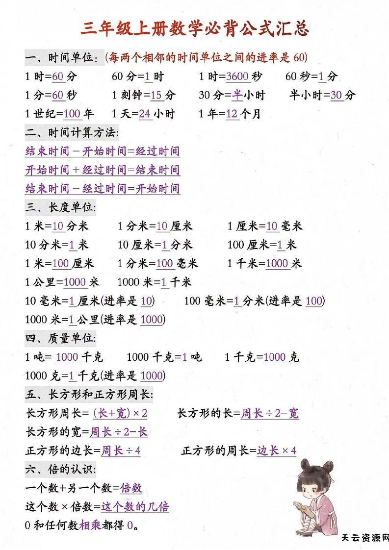 三年级上册数学必背知识汇总-天云资源网