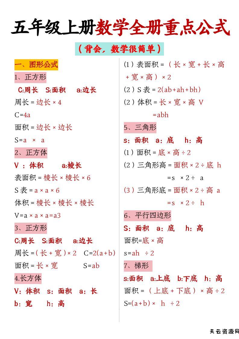 五上数学【全册重点公式】-天云资源网