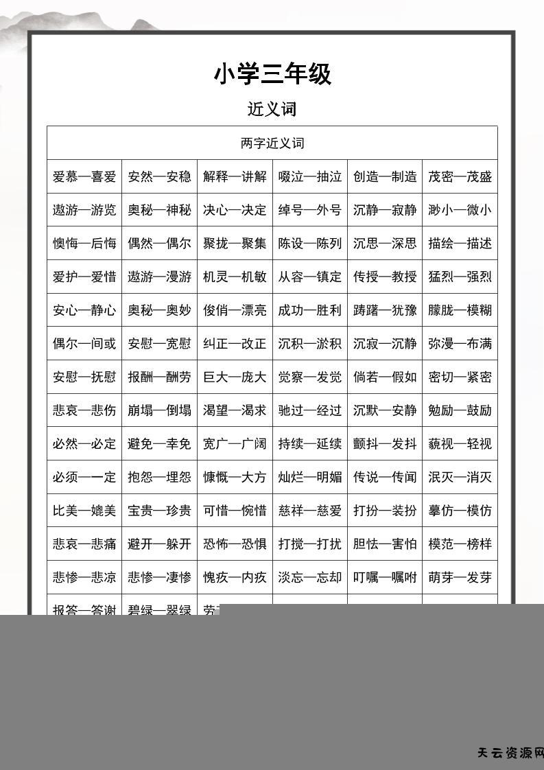 三上语文近义词和反义词汇总-天云资源网