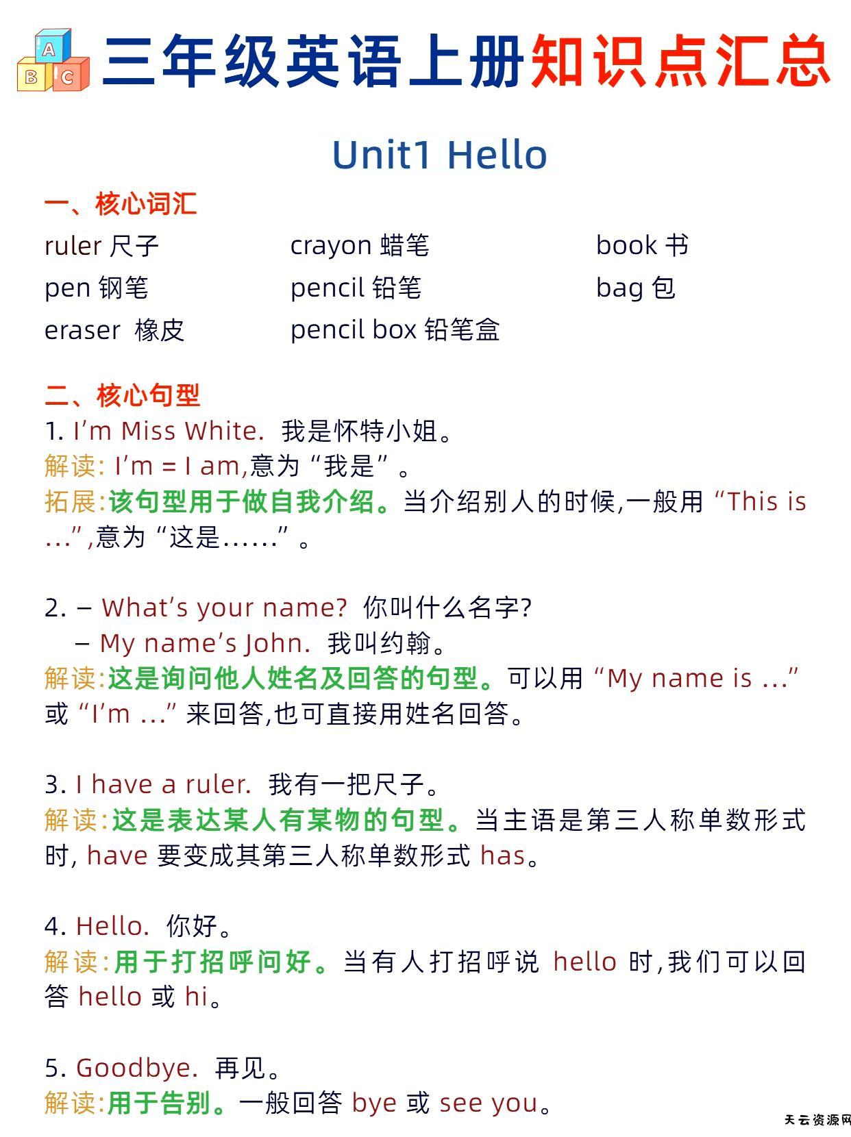 三年级英语上册知识点汇总-天云资源网
